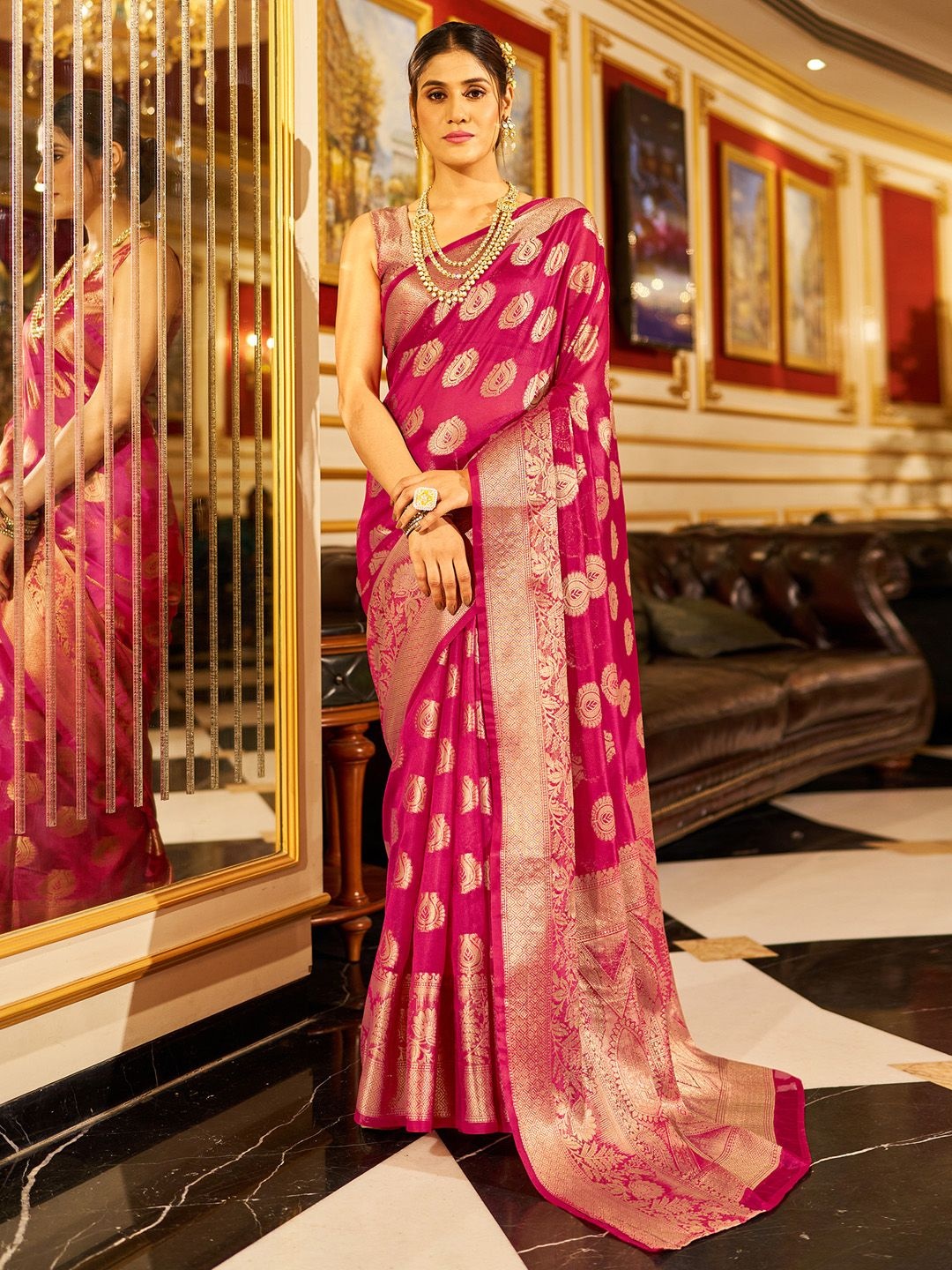 

Mitera Woven Design Zari Organza Banarasi Saree, Pink