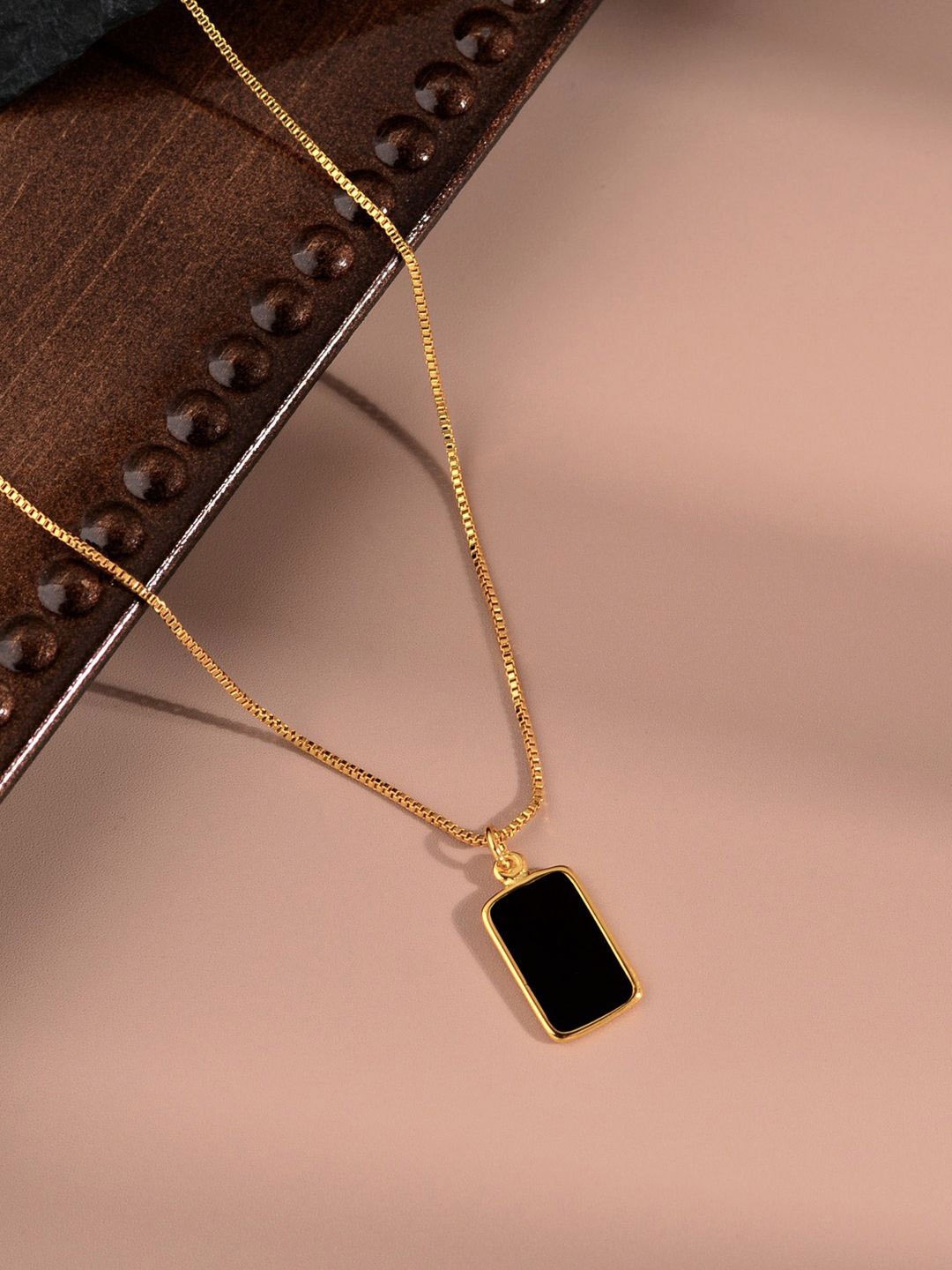 

BEYTER Gold-Plated Stainless Steel Artificial Stones Studded Rectangle Pendant With Chain