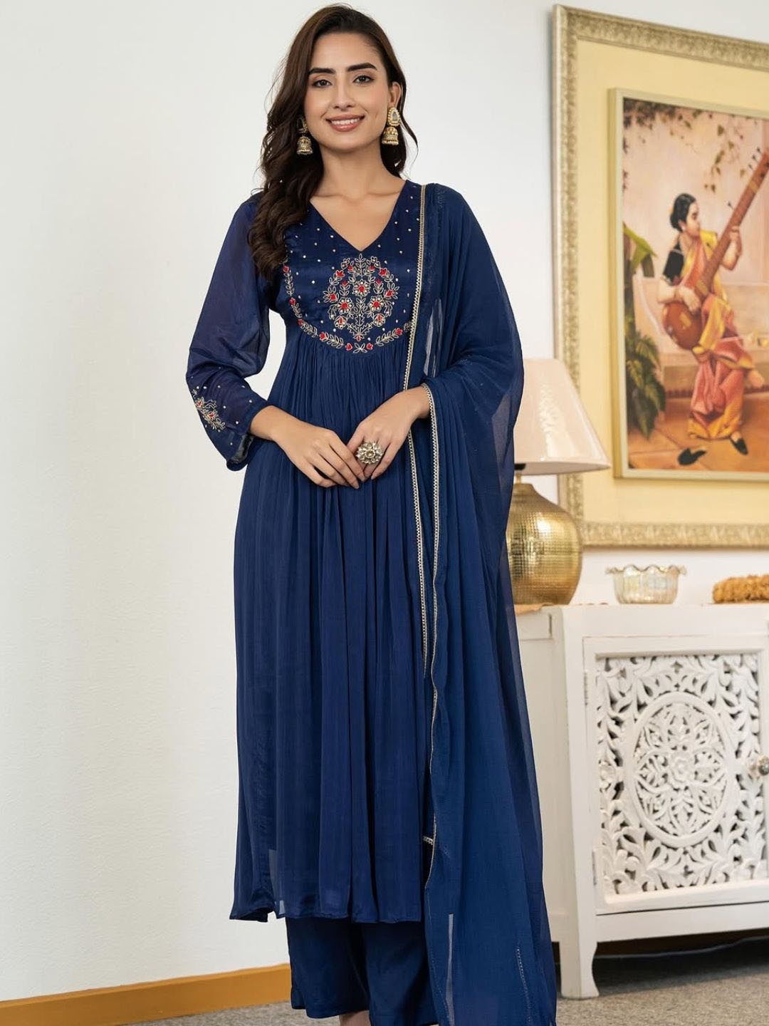 

Navlik Floral Embroidered Silk Chiffon Pleated Anarkali Kurta With Trousers & Dupatta, Teal