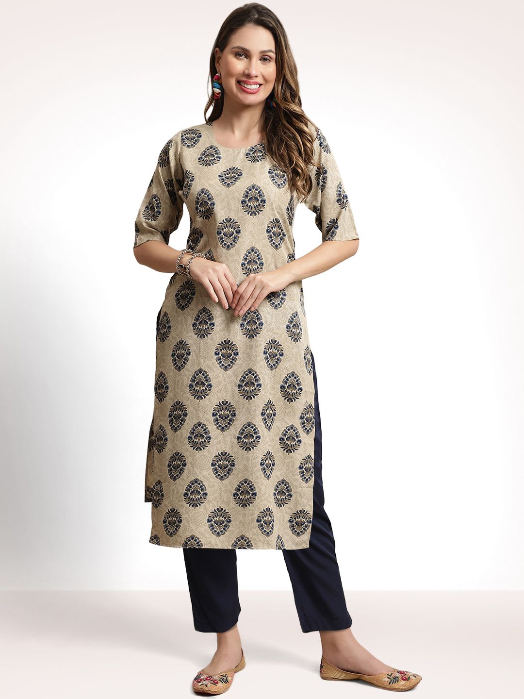 

Moda Rapido Floral Printed Round Neck Straight Kurta With Trousers, Beige