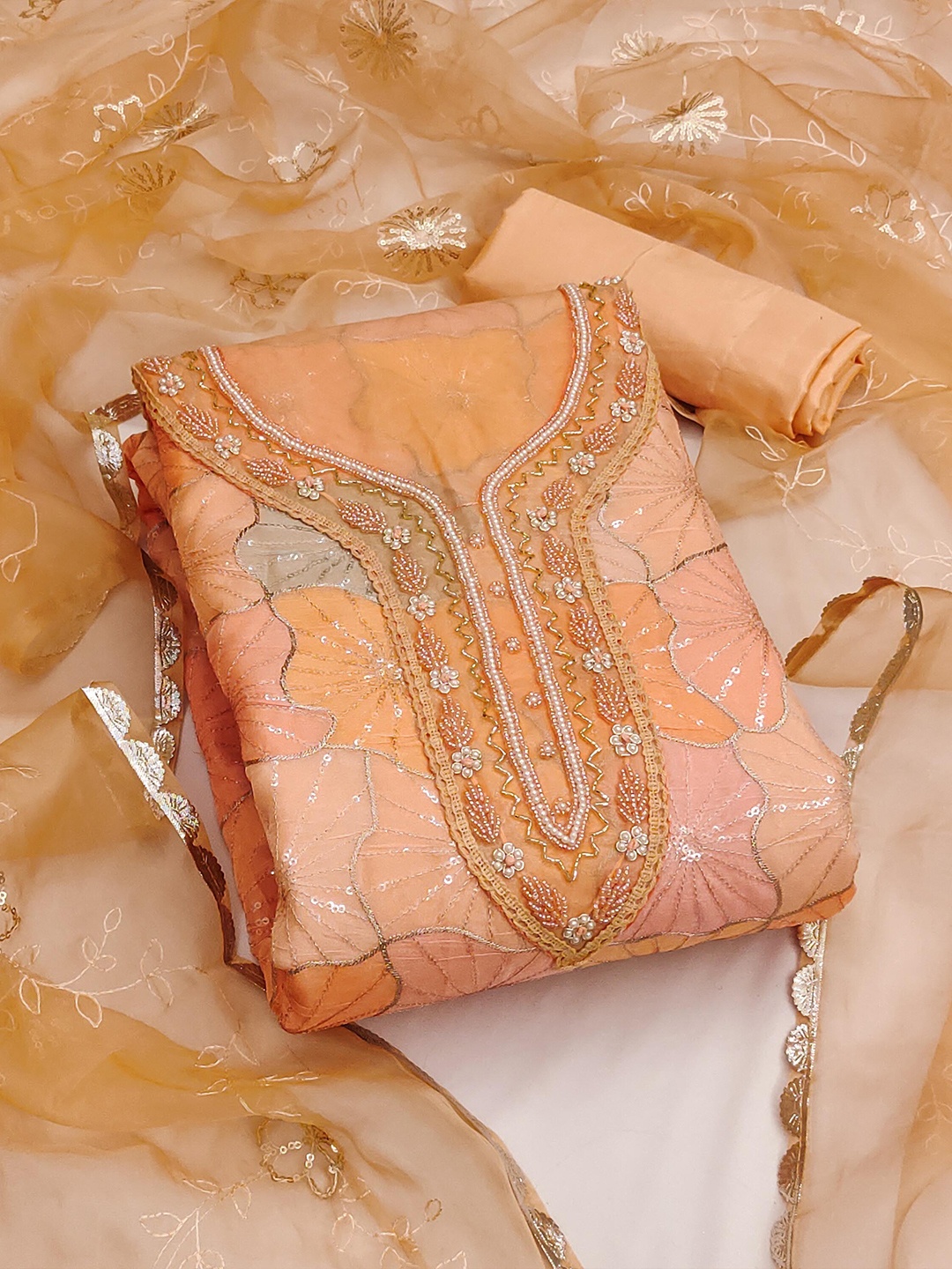 

SAINOOR Embroidered Organza Semi-Stitched Dress Material, Orange