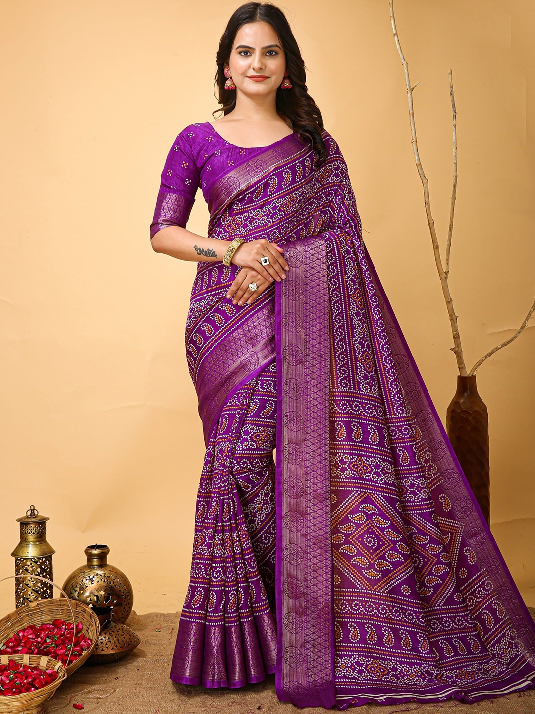 

V3 FASHION STUDIO Ethnic Motifs Zari Art Silk Saree, Purple