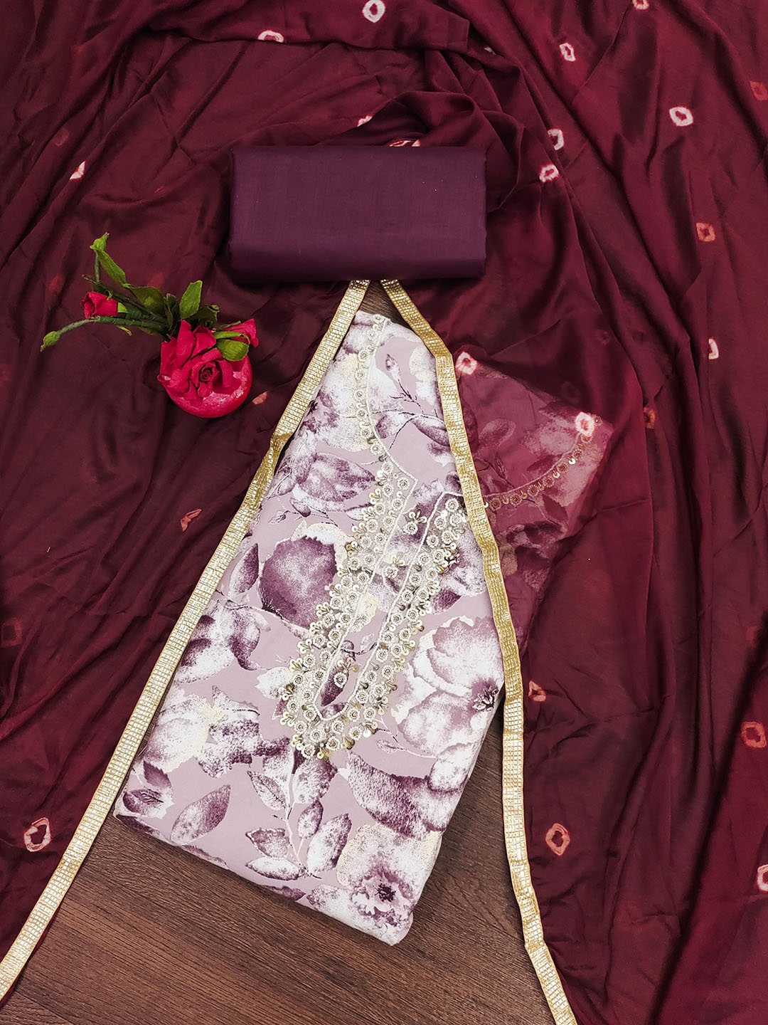 

SAINOOR Floral Printed Pure Silk Unstitched Dress Material, Lavender