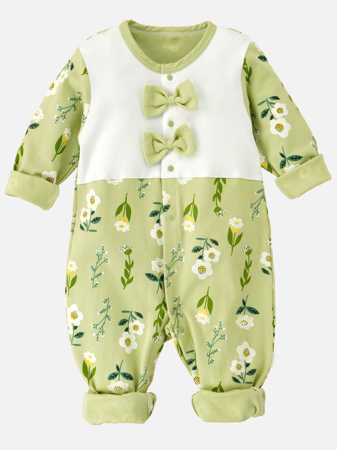 

Little Surprise Box LLP Green Bow & Florals Jumpsuit Style Romper For Tiny Toddlers-3-6M