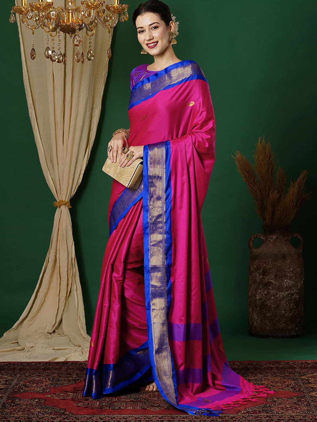 

SILKWEAR Ethnic Motifs Zari Silk Cotton Designer Banarasi Saree, Pink