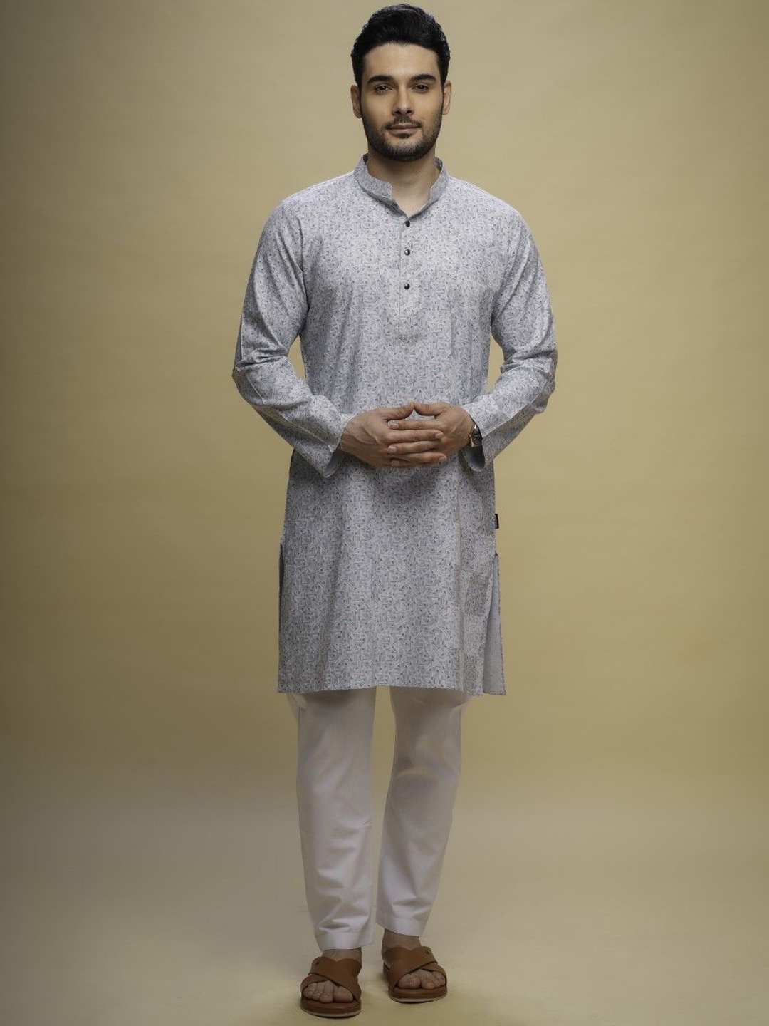 

MASHROO Abstract Printed Mandarin Collar Straight Cotton Kurta, Blue