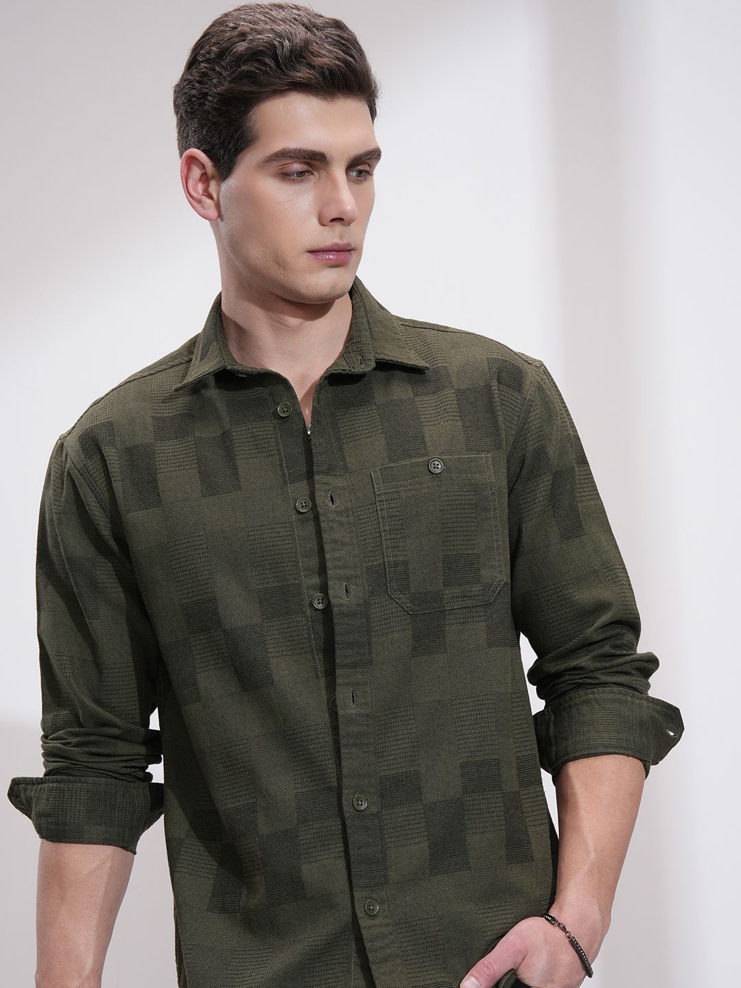

HIGHLANDER Men Opaque Checked Casual Shirt, Olive