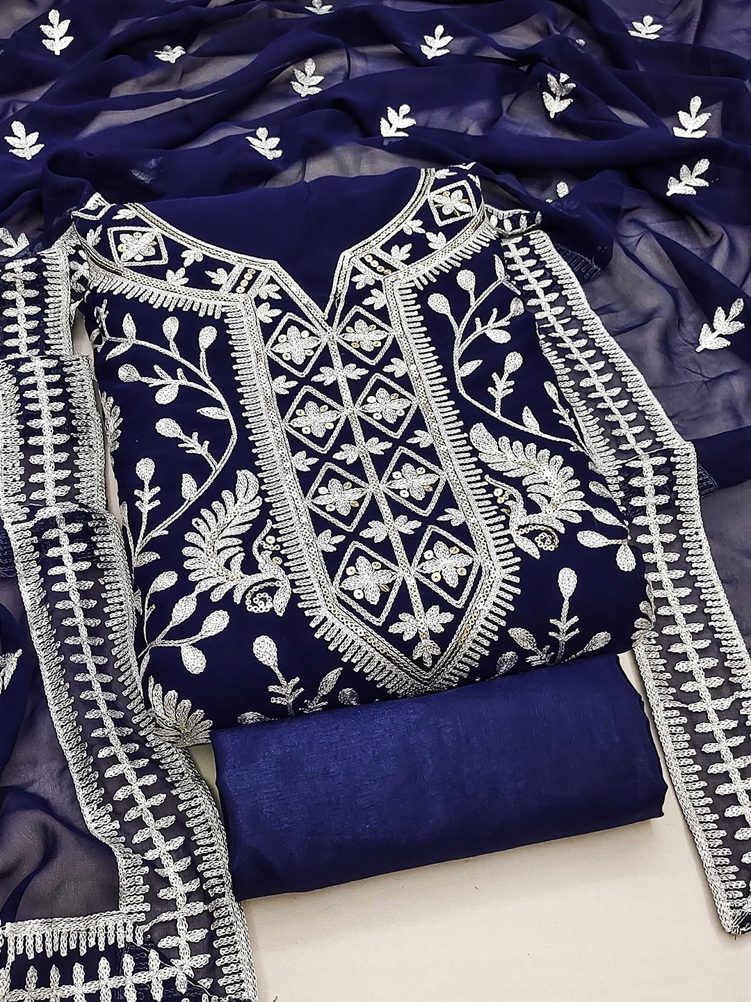 

SAINOOR Floral Embroidered Silk Georgette Unstitched Dress Material, Blue