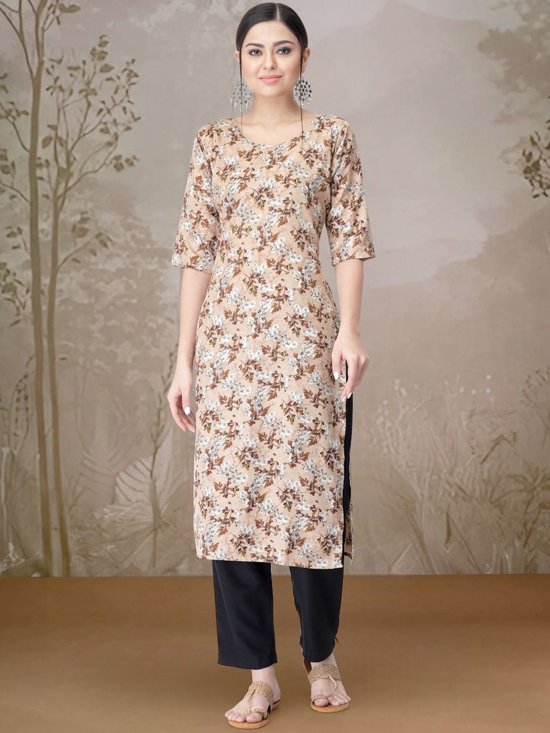 

Moda Rapido Floral Printed Straight Kurta with Trousers, Beige