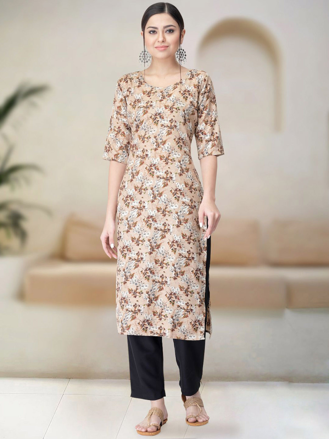 

Moda Rapido Floral Printed Round Neck Straight Kurta With Trousers, Beige