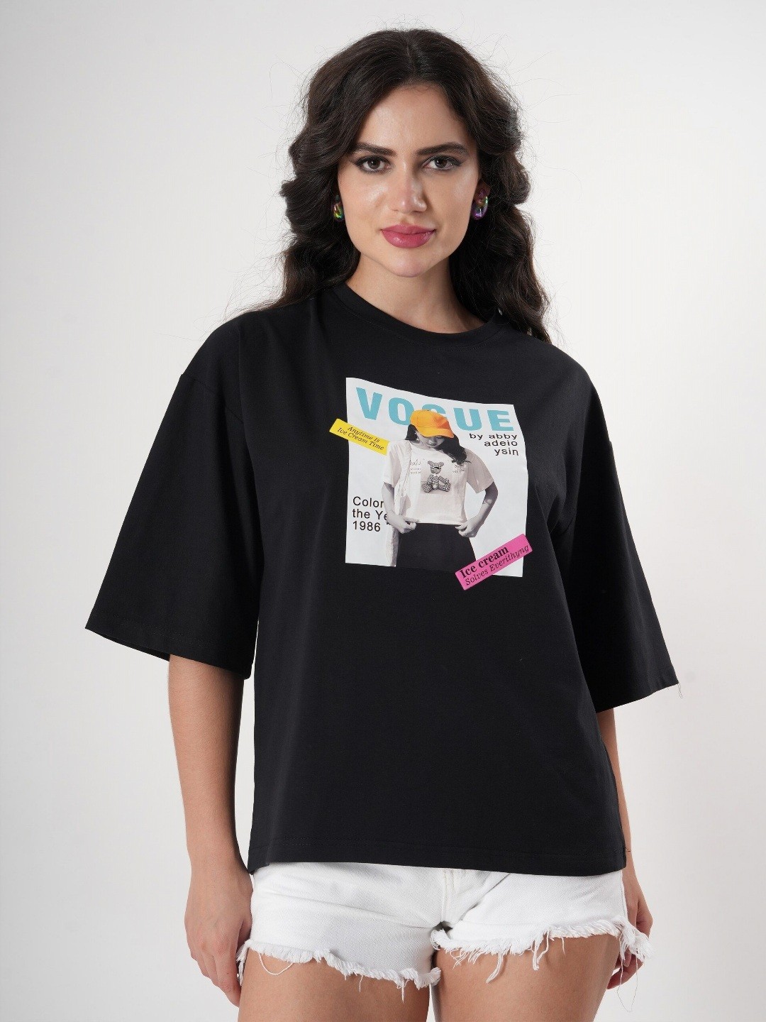 

clobug Women Typography Printed Applique T-shirt, Black