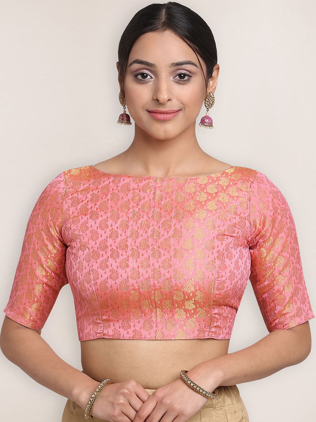 

Oomph! Woven Design Short Sleeves Saree Blouse, Pink