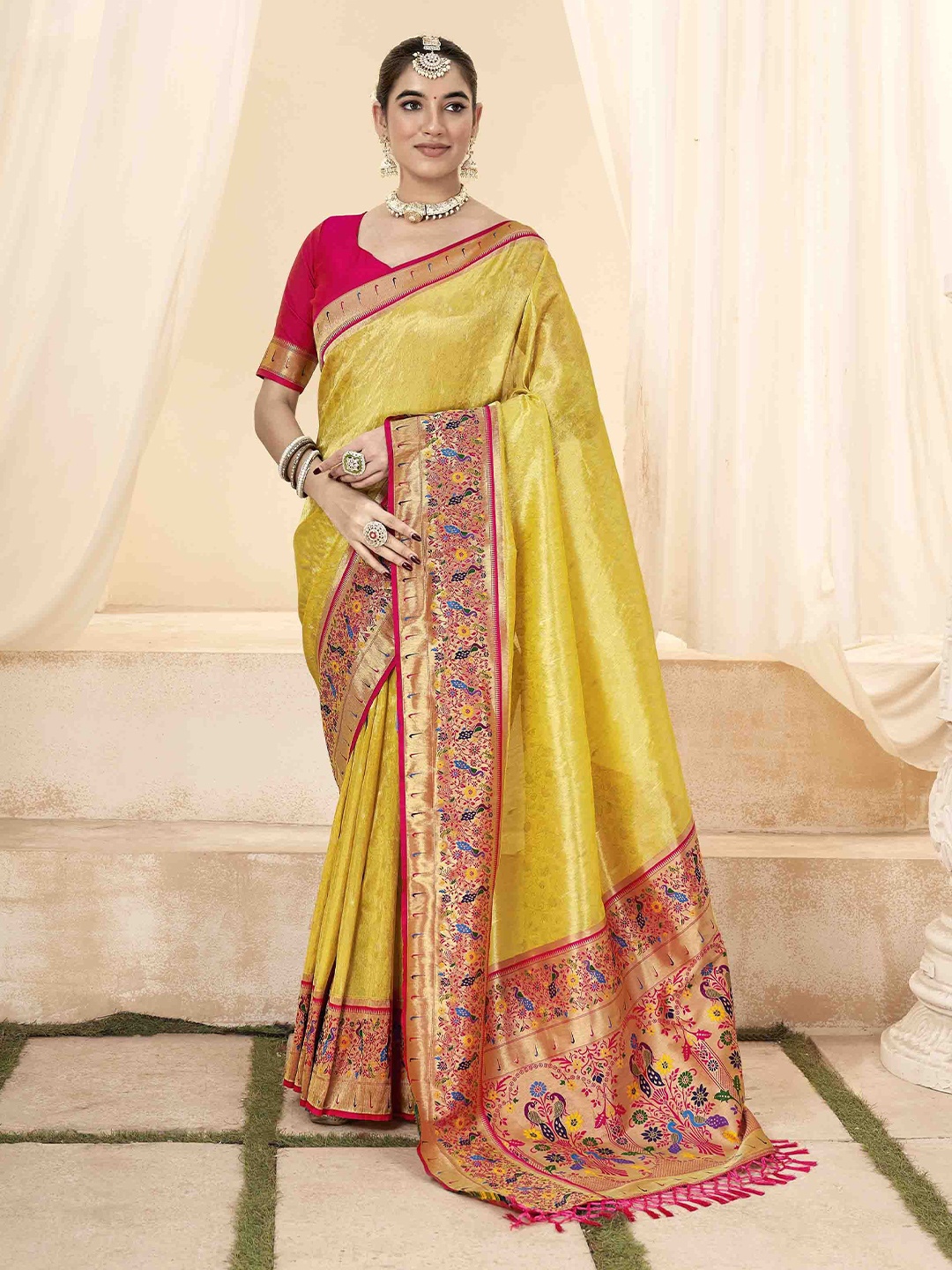 

Blissta Woven Design Zari Silk Blend Handloom Paithani Saree, Yellow