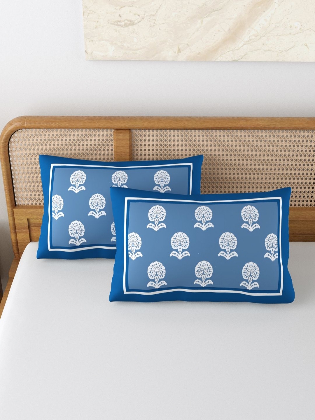 

BLOCKS OF INDIA Blue & White 2 Pieces Printed Pure Cotton Rectangle Pillow Covers