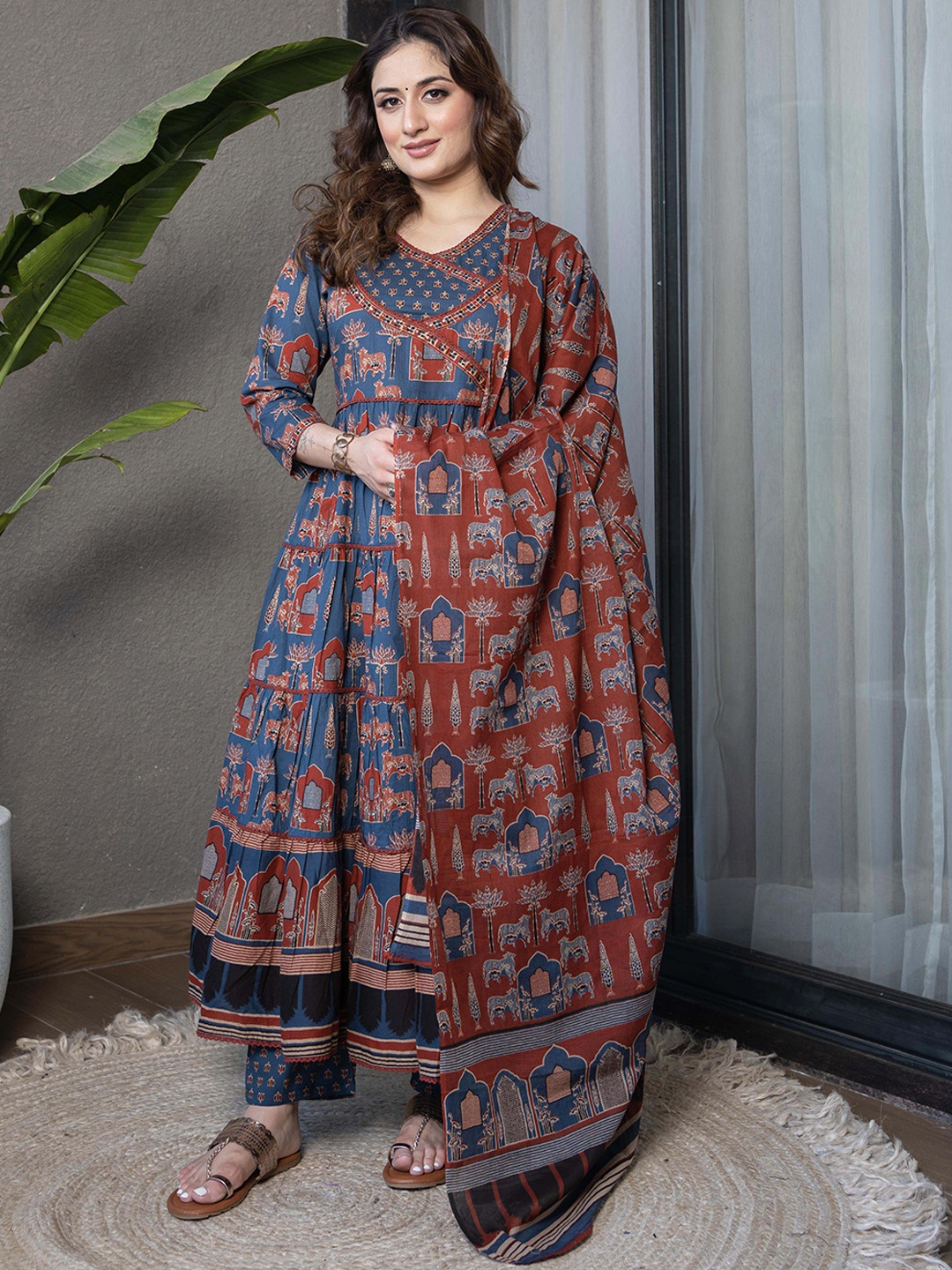

Arayna Floral Printed V-Neck Pure Cotton Pleated Anarkali Kurta With Palazzos & Dupatta, Blue