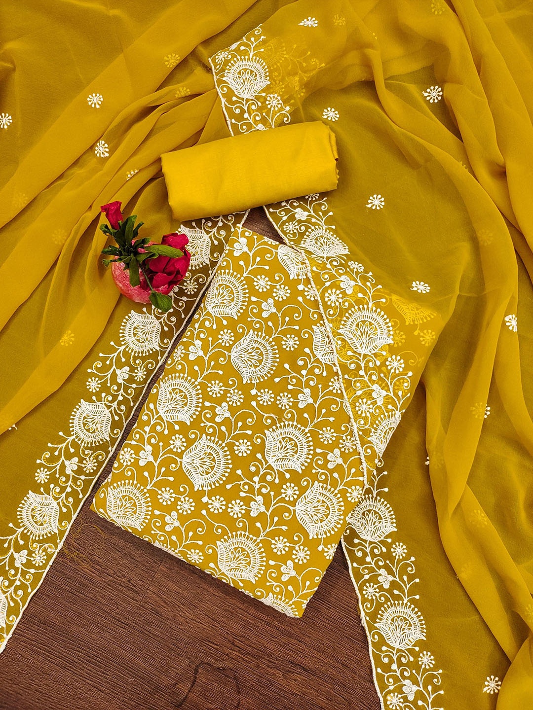 

Rangtulika Floral Embroidered Soft Georgette Unstitched Dress Material, Yellow