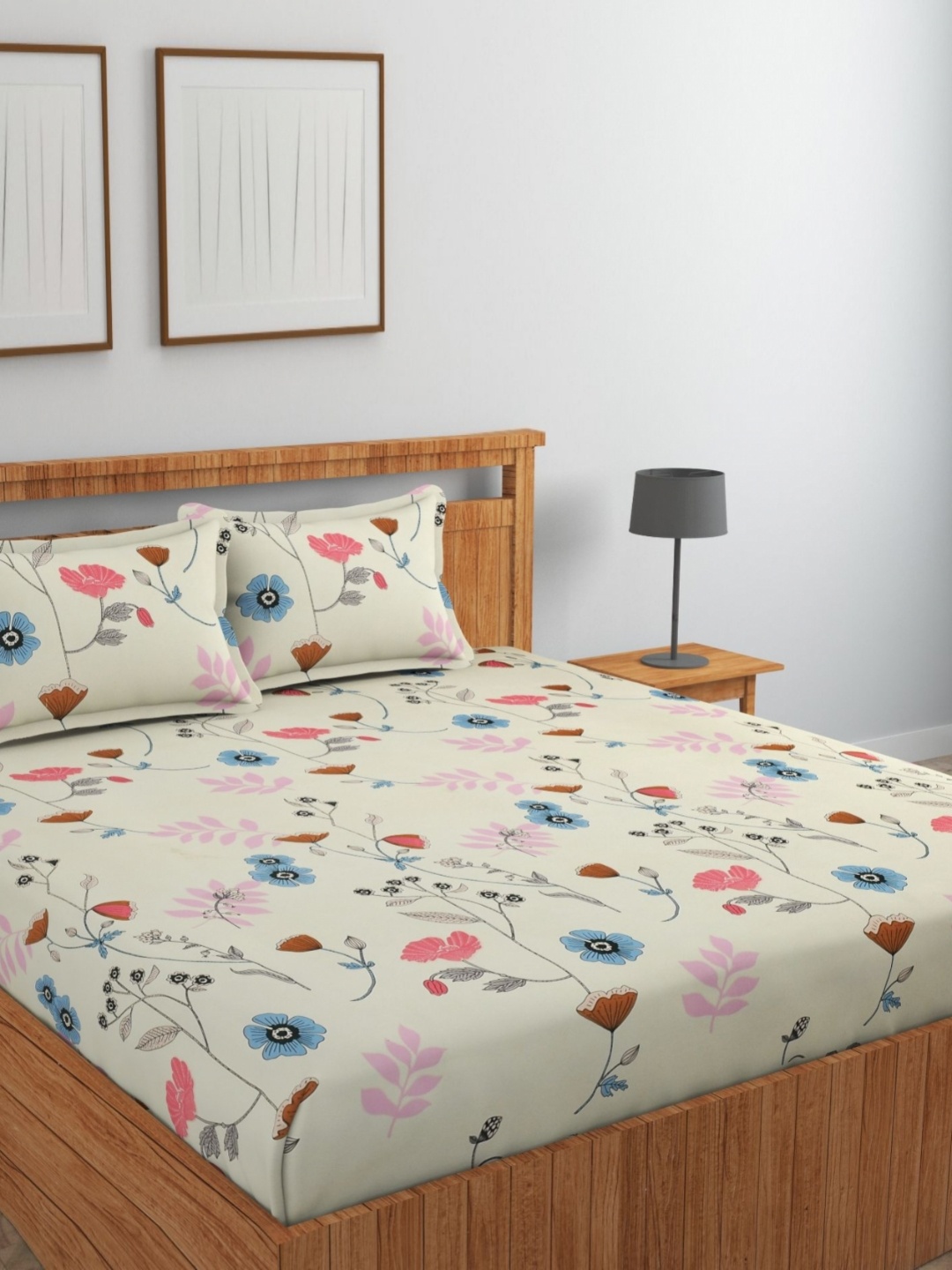 

VOMZER Beige & Grey Floral Printed Cotton 210 TC Queen Bedsheet Set 1.82 m x 1.82 m
