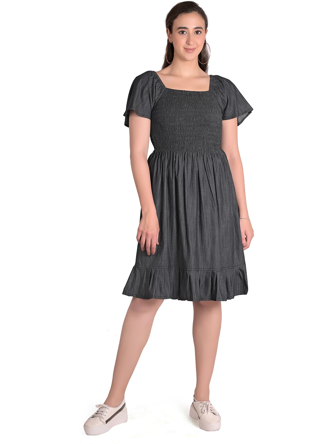 

CEFALU Denim Fit & Flare Midi Dress, Blue