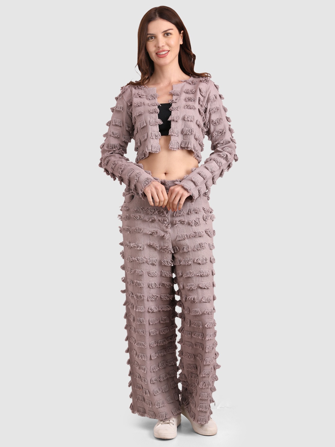

fabbit Round Neck Textured Top With Trousers, Pink