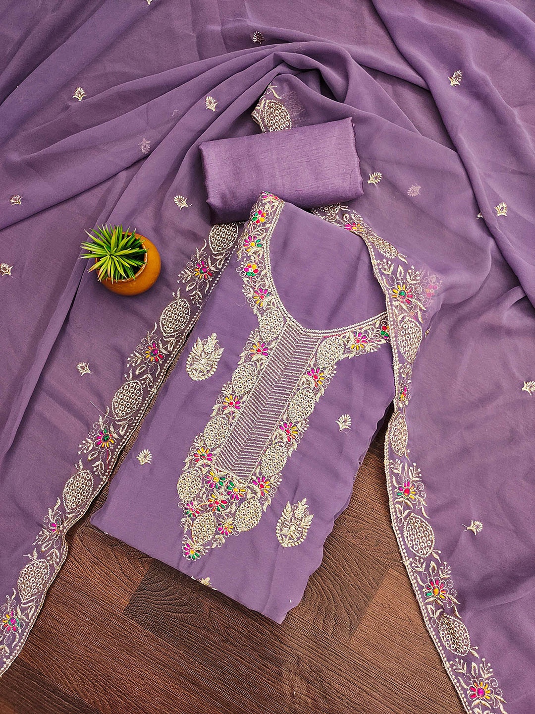 

MANVAA Embellished Organza Unstitched Dress Material, Lavender