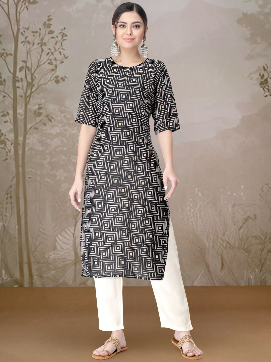 

Moda Rapido Geometric Printed Round Neck Straight Kurta With Trouser, Black