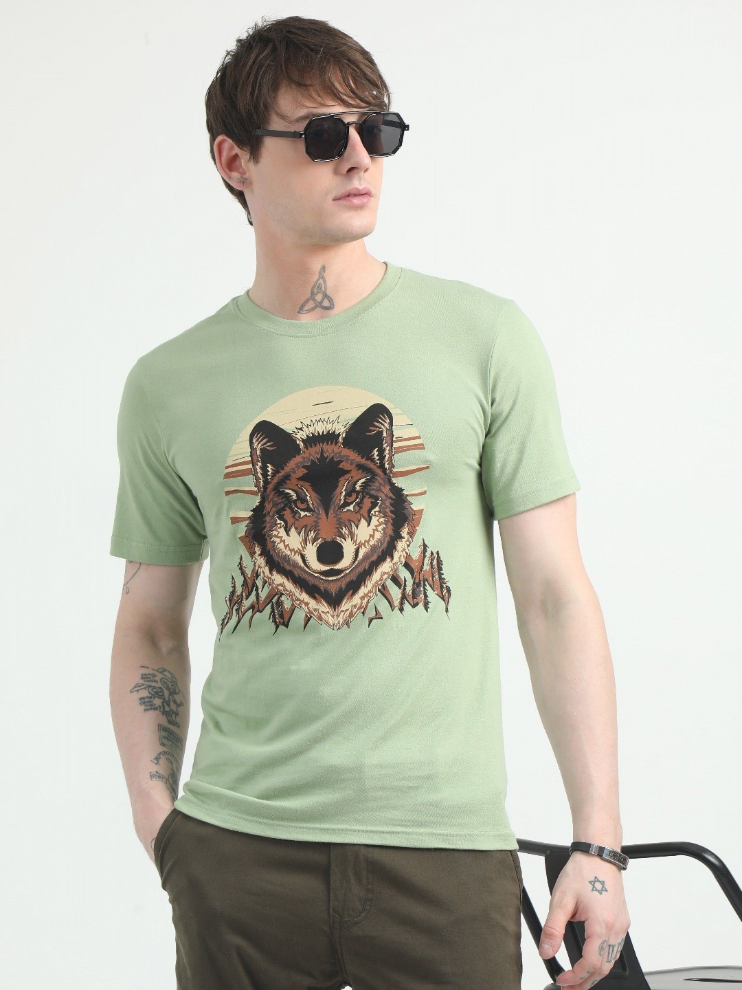 

Quco Men Graphic Printed Biowashed Round Neck Cotton Tshirt, Green