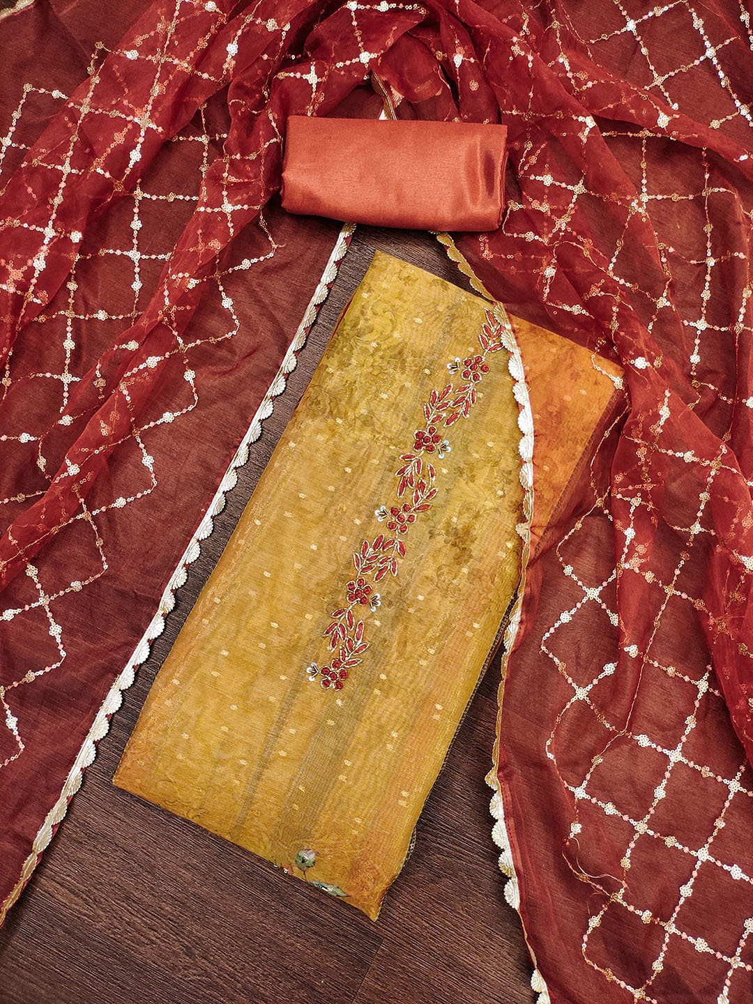 

MANVAA Embellished Unstitched Dress Material, Mustard