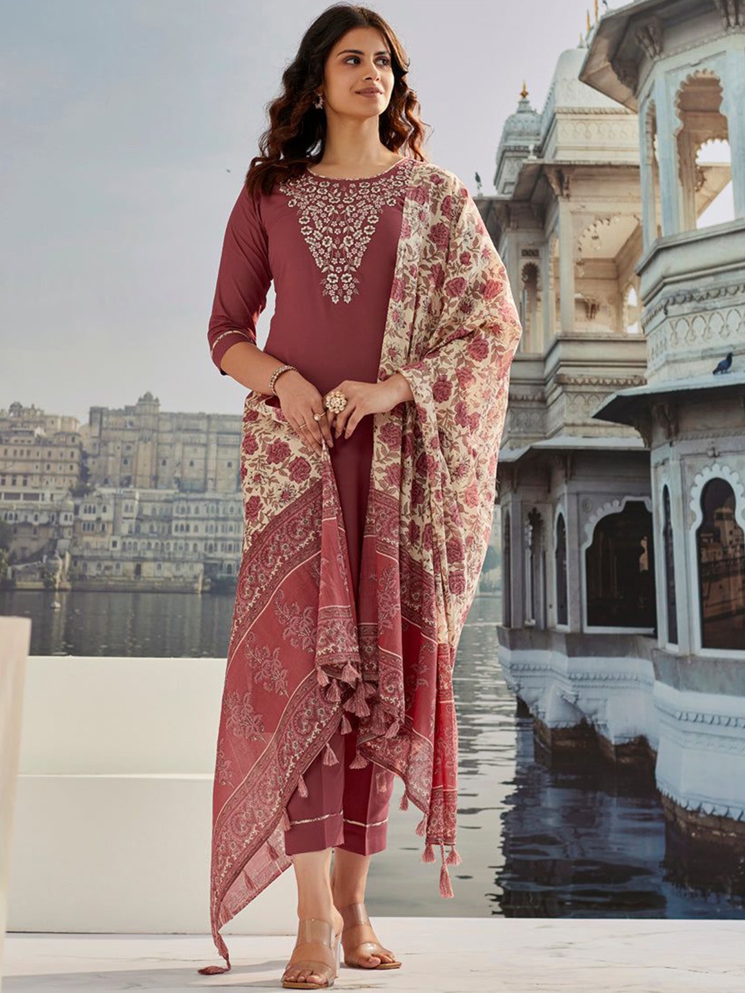 

SANJANA SILK Floral Yoke Design Thread Work Cotton Silk Kurta with Trousers & Dupatta, Brown