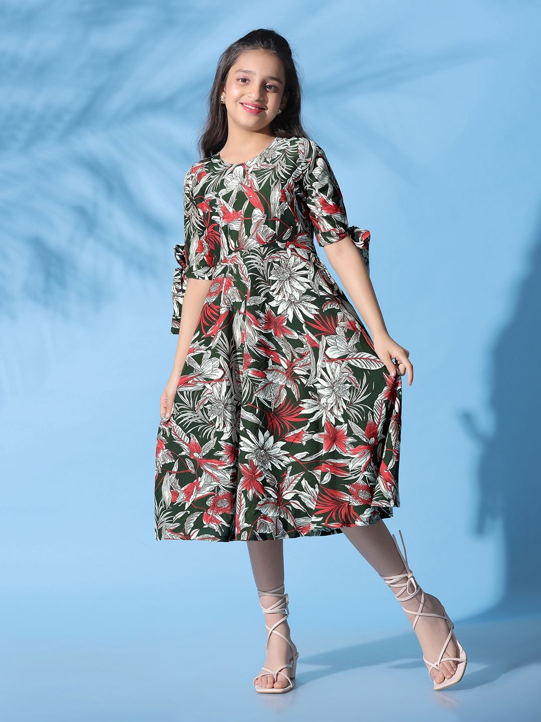 

YK Floral Print Fit & Flare Midi Dress, Green