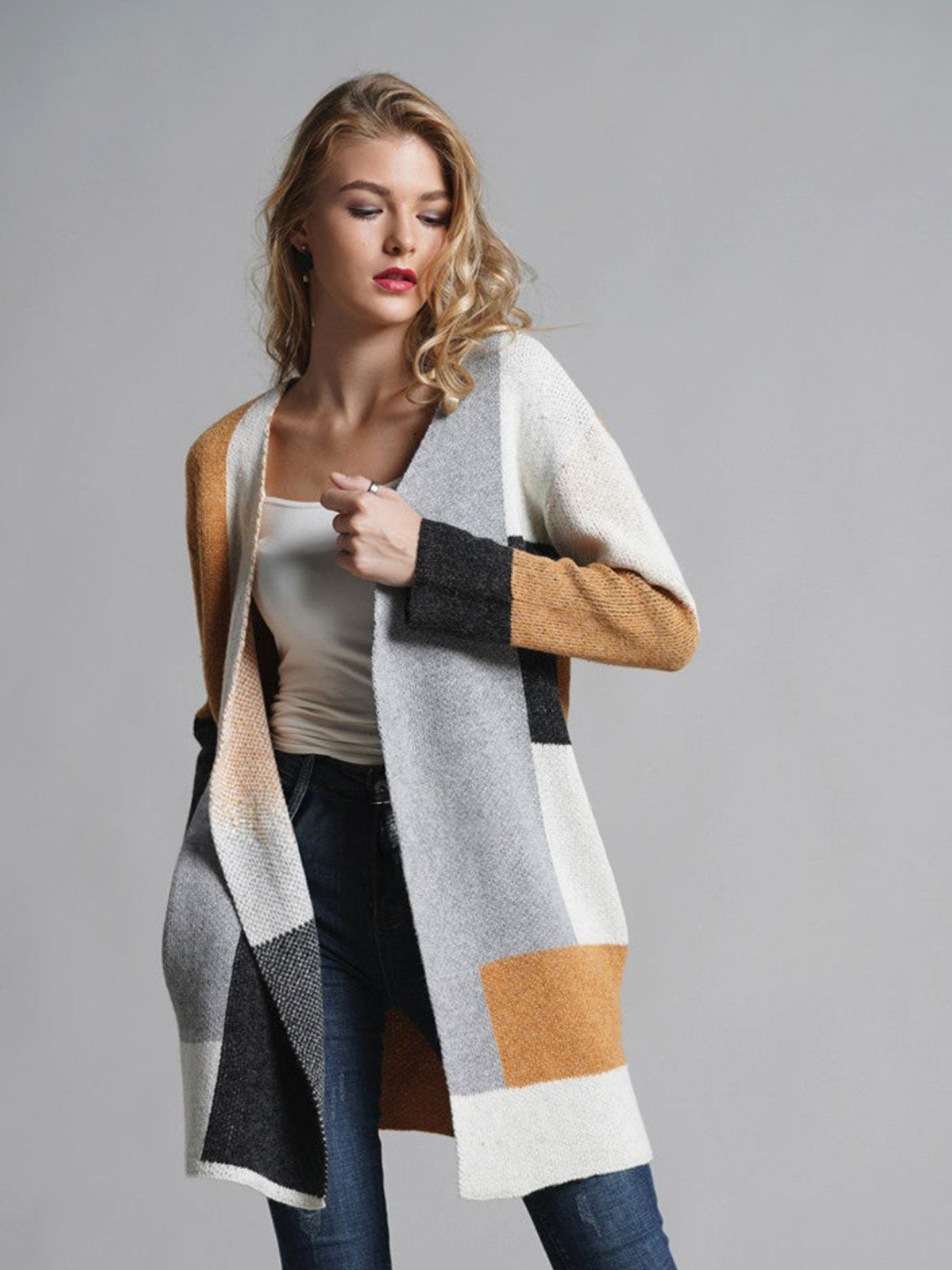 

Oh Rare Women Colourblocked Longline Cardigan, Camel brown