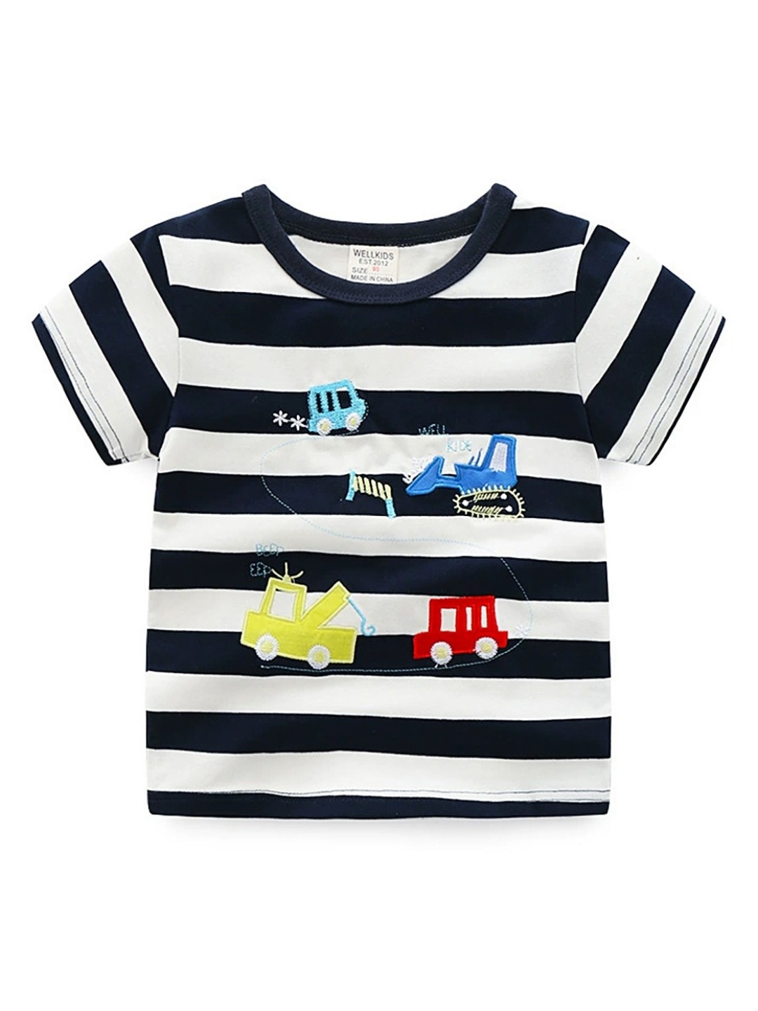 

LULU & SKY Boys Striped Round Neck Cotton T-shirt, White