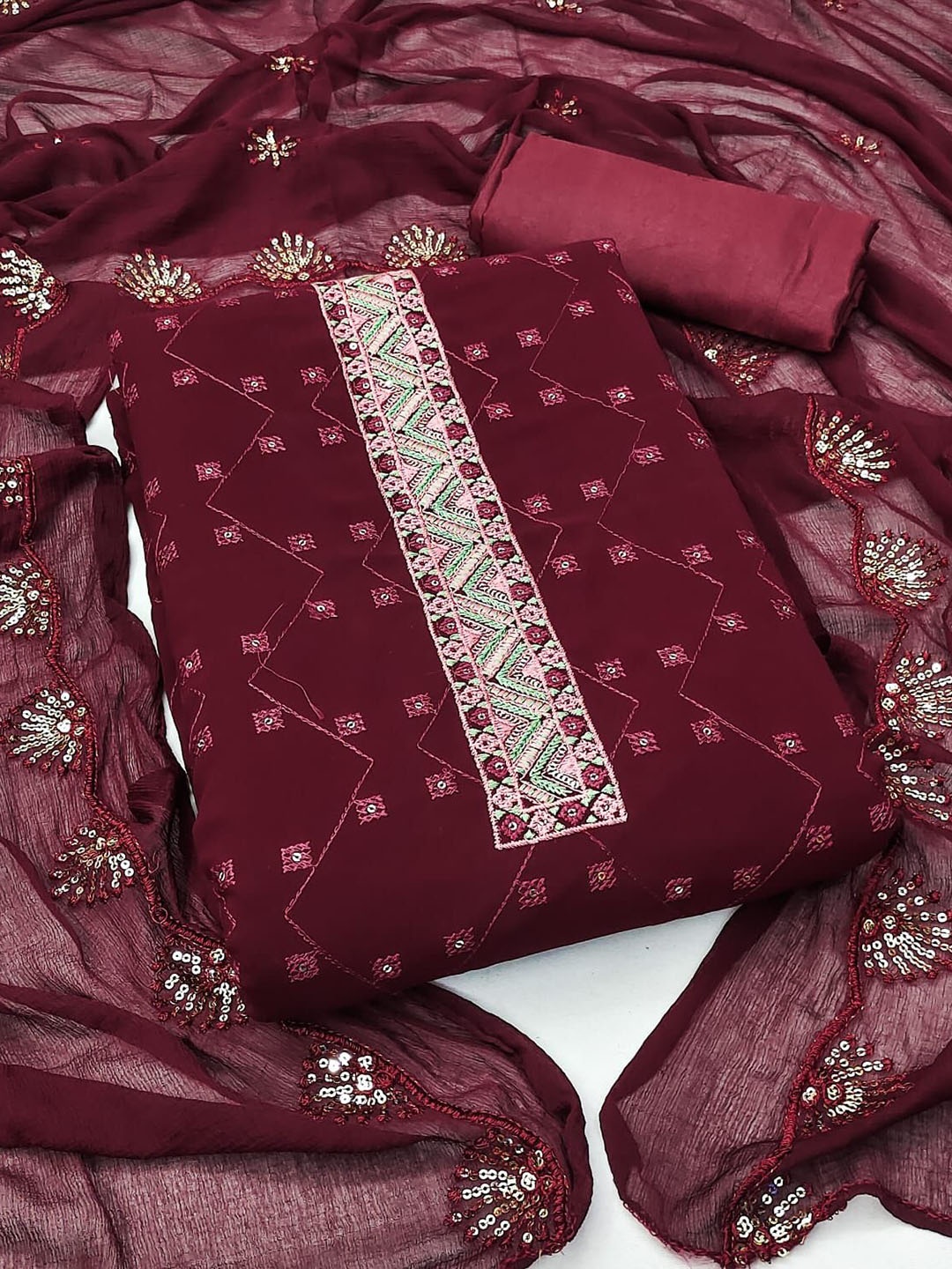 

Rangtulika Ethnics Floral Embroidered Sequinned Unstitched Dress Material, Red