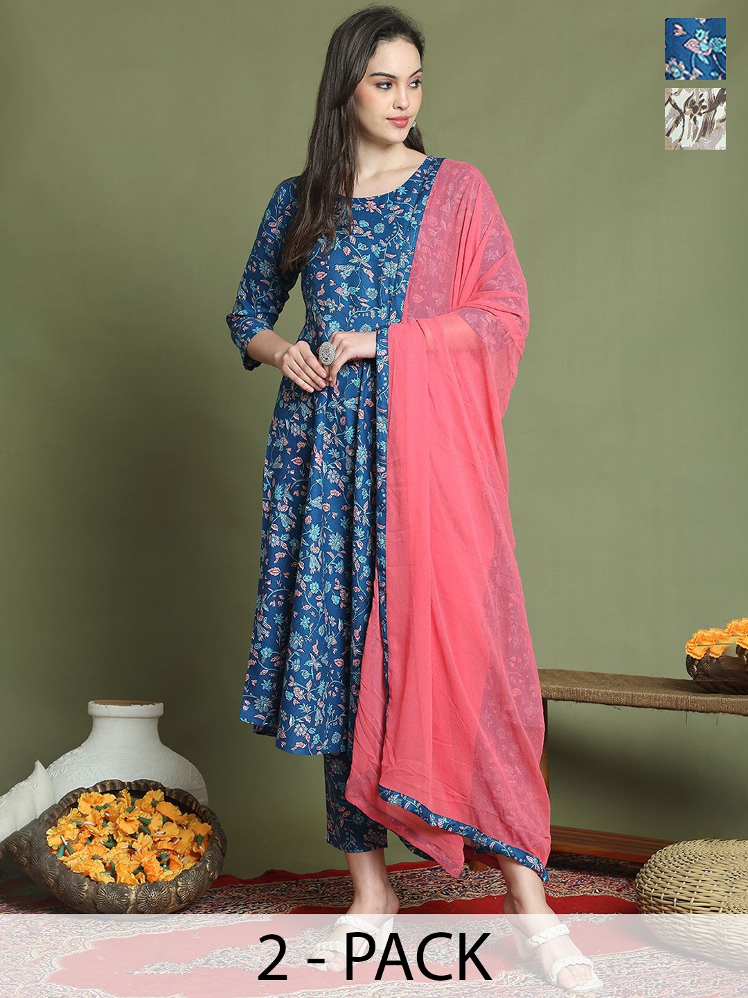 

Roly Poly Selection Of 2 Floral Printed Straight Kurta with Trouser & Dupatta, Blue