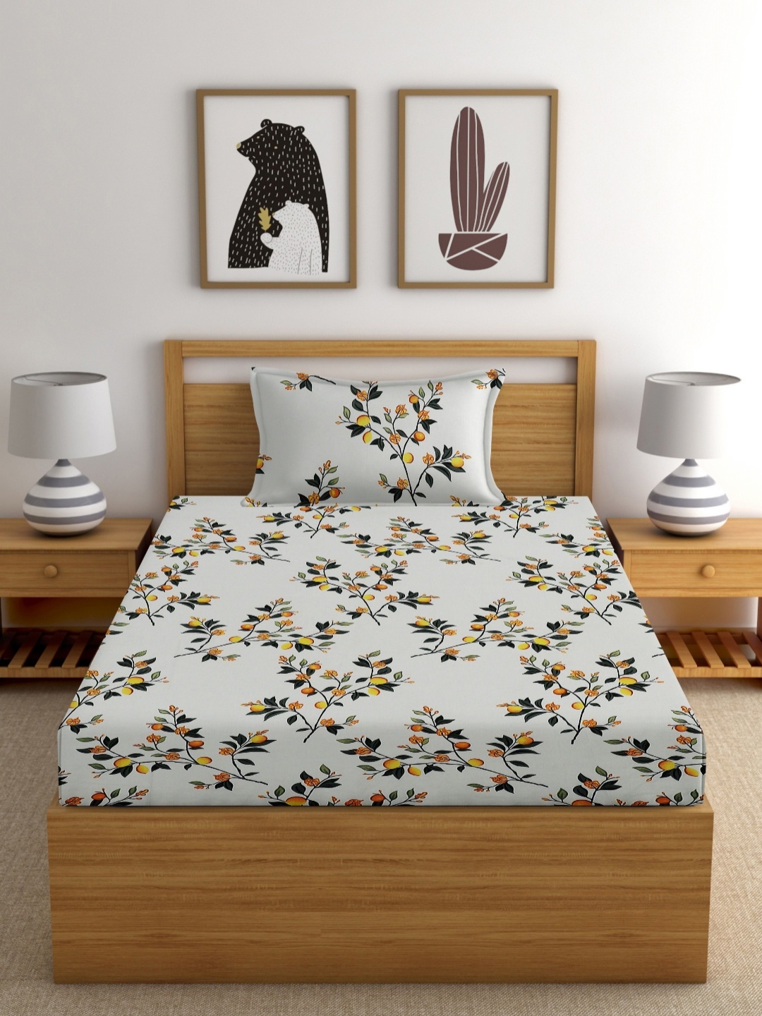 

EXFAB Grey Floral Printed Pure Cotton Fitted 244 TC Single Bedsheet Set 1.87 m x 1.16 m