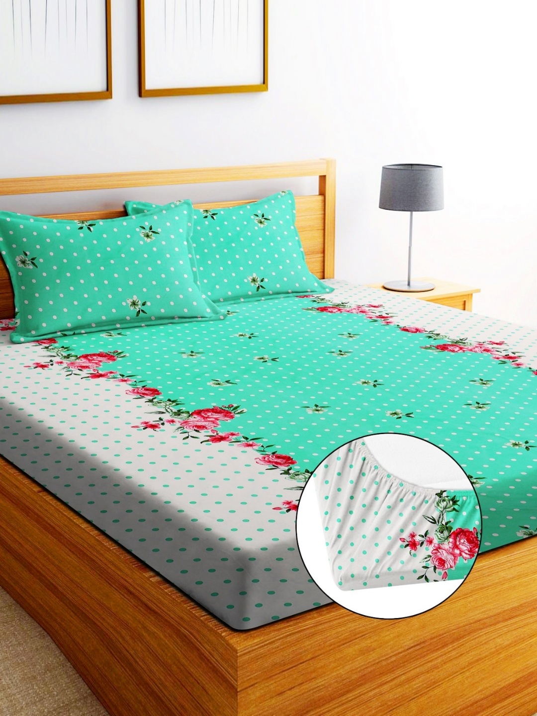 

EXFAB Green & White Printed Cotton 240 TC Fitted King Bedsheet Set 1.82 m x 1.98 m