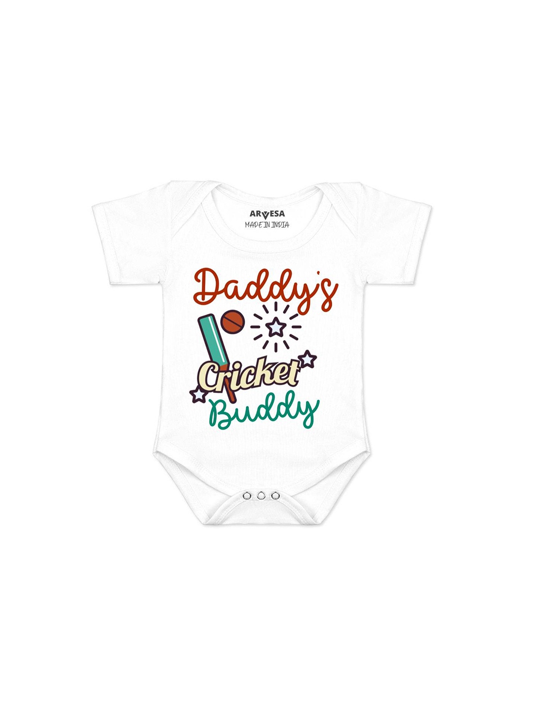 

Arvesa Kids Daddy Cricket Buddy Printed Envelope Neck Short Neck Romper, White