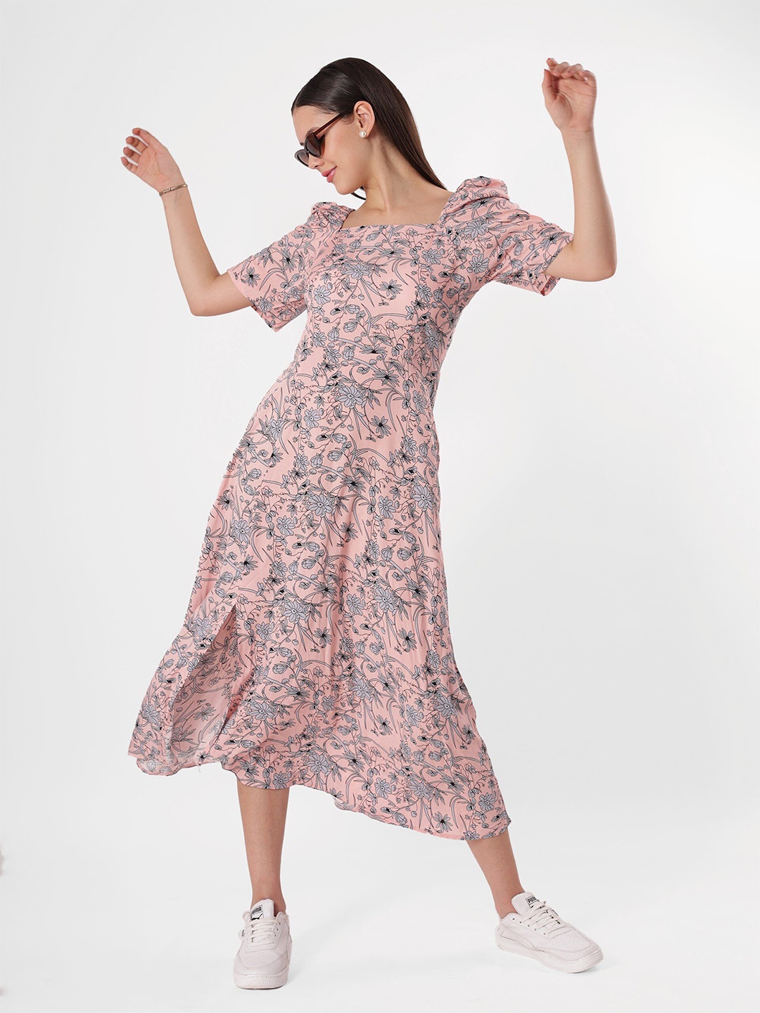 

clobug Floral Print Net Fit & Flare Midi Dress, Beige