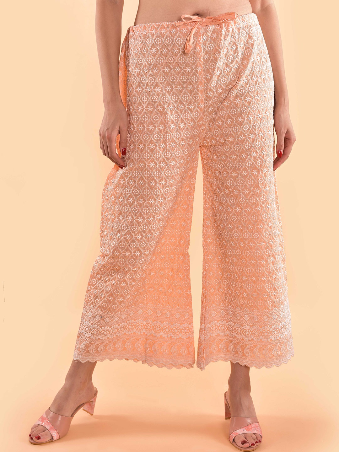 

LILY BUDS Women Floral Embroidered Lace Palazzos, Peach