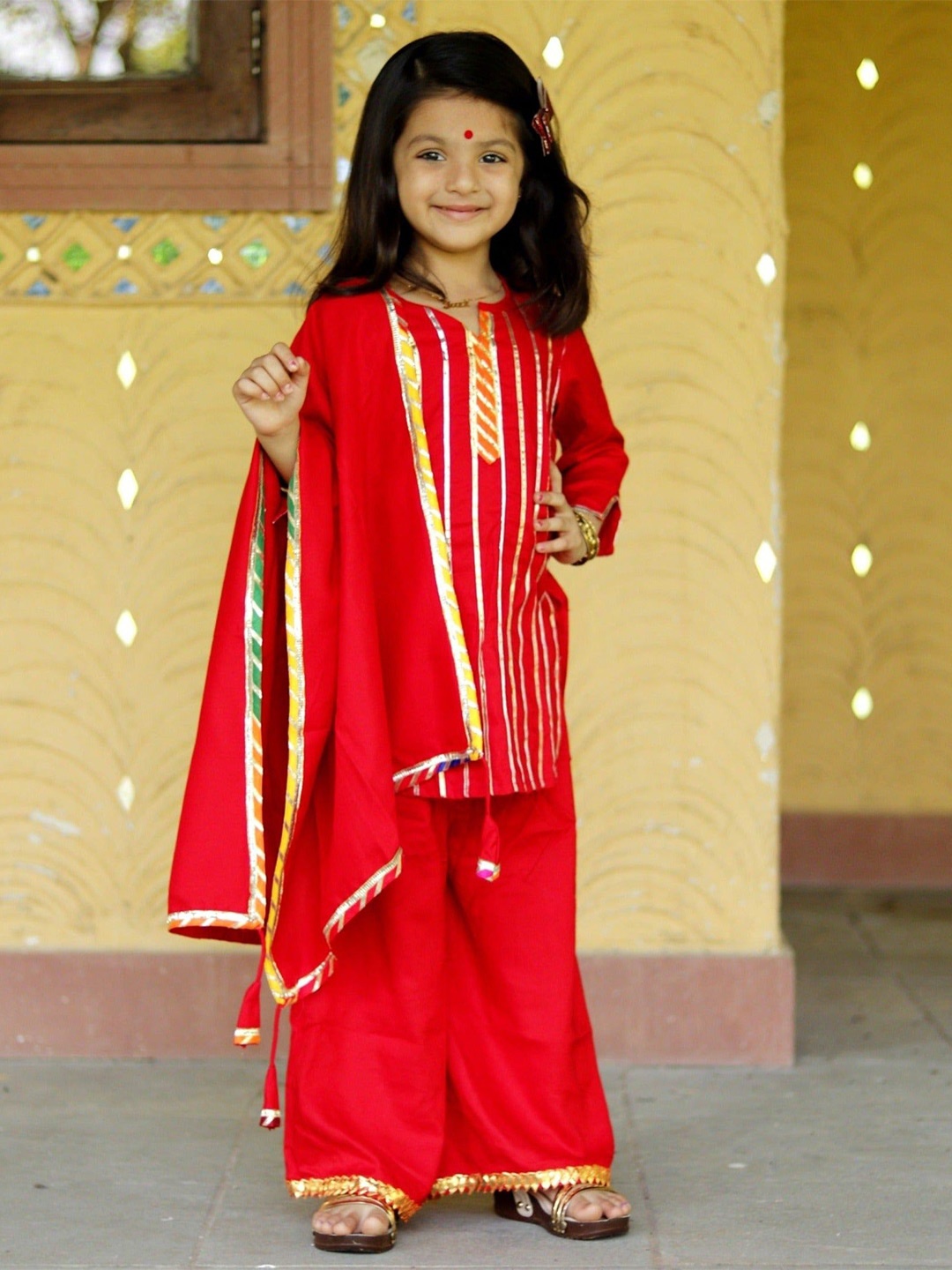 

Thread & Button Girls Printed Regular Kurta with Palazzos & With Dupatta, Red