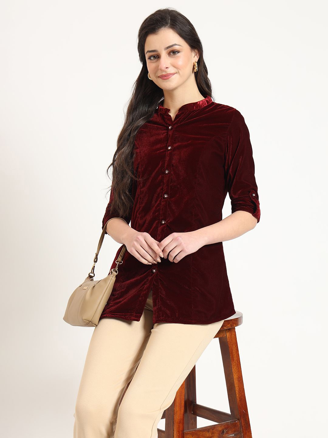 

KALINI Mandarin Collar Roll-Up Sleeves Velvet Shirt Style Top, Maroon