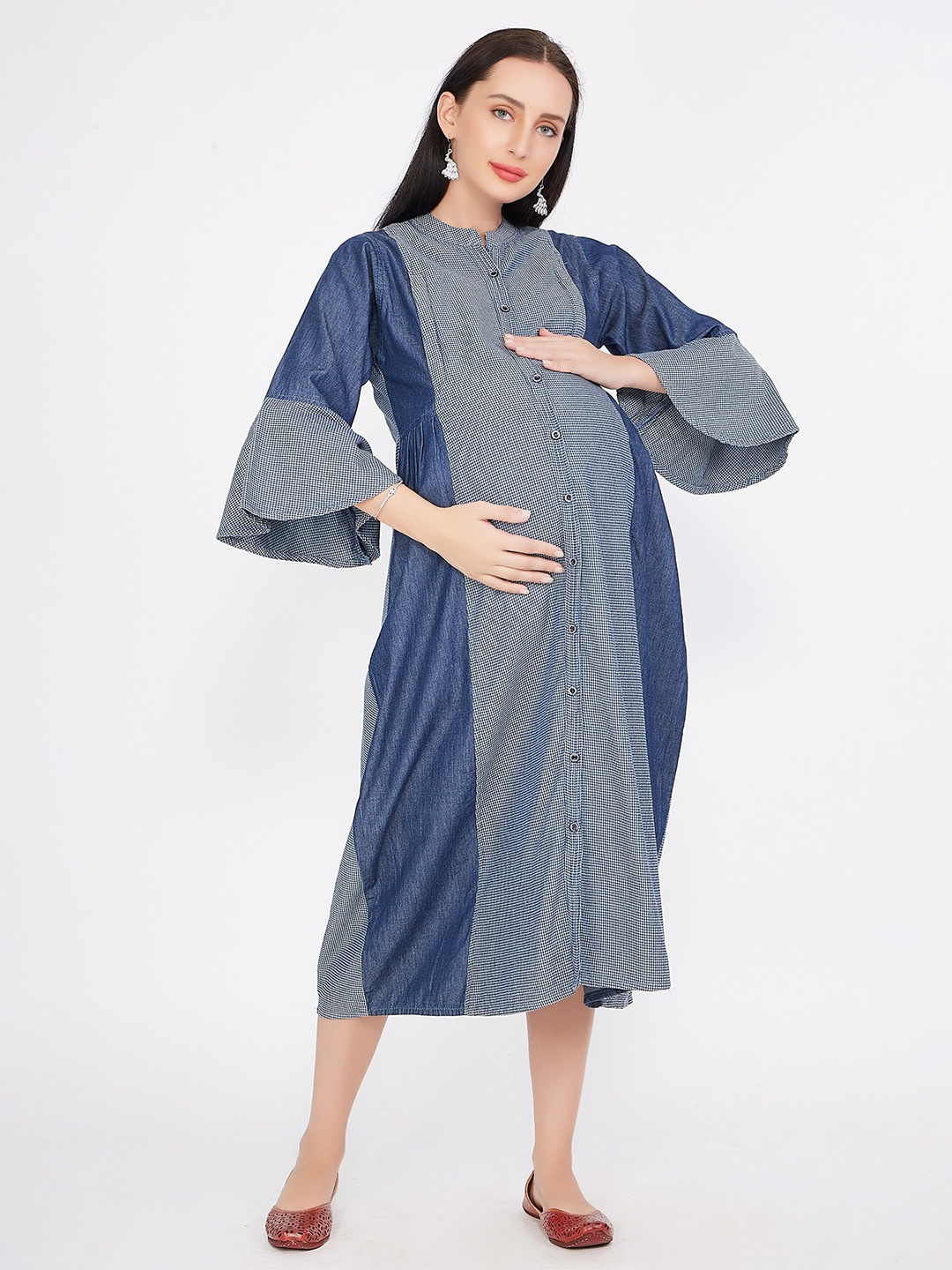 

CEFALU Colourblocked Bell Sleeve Denim Fit & Flare Maxi Dress, Blue