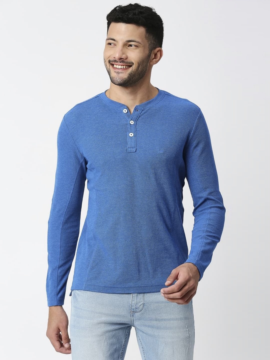 

Basics Men Henley Neck Pockets Slim Fit T-shirt, Blue