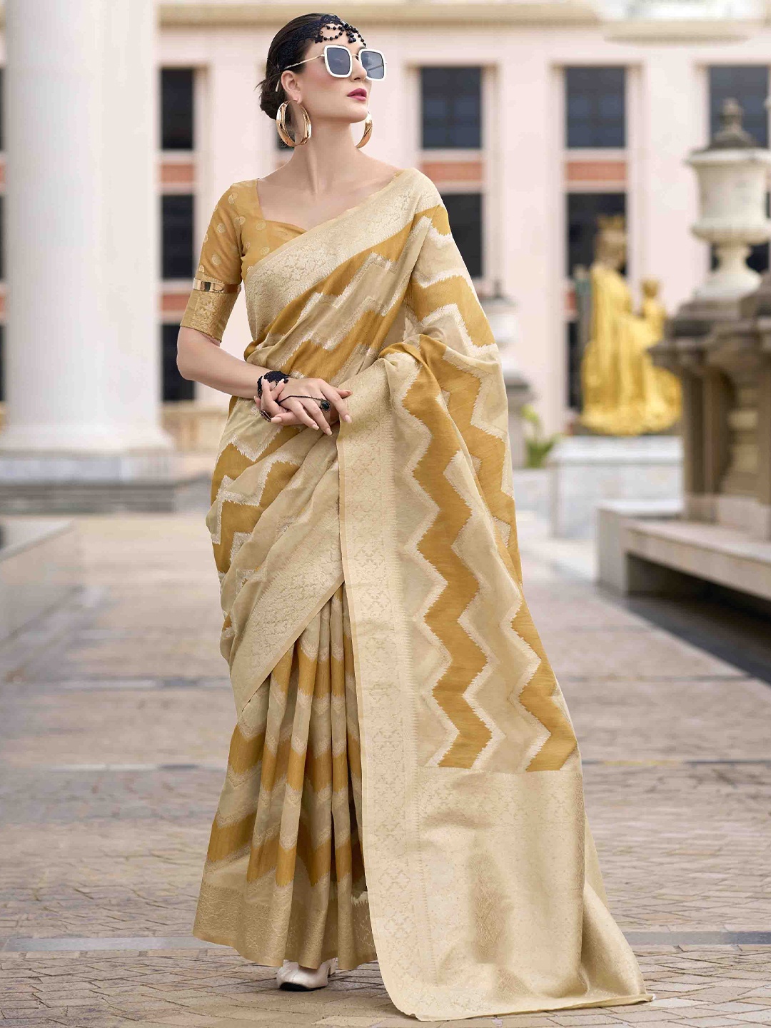 

KIMISHA Woven Design Zari Linen Blend Saree, Mustard