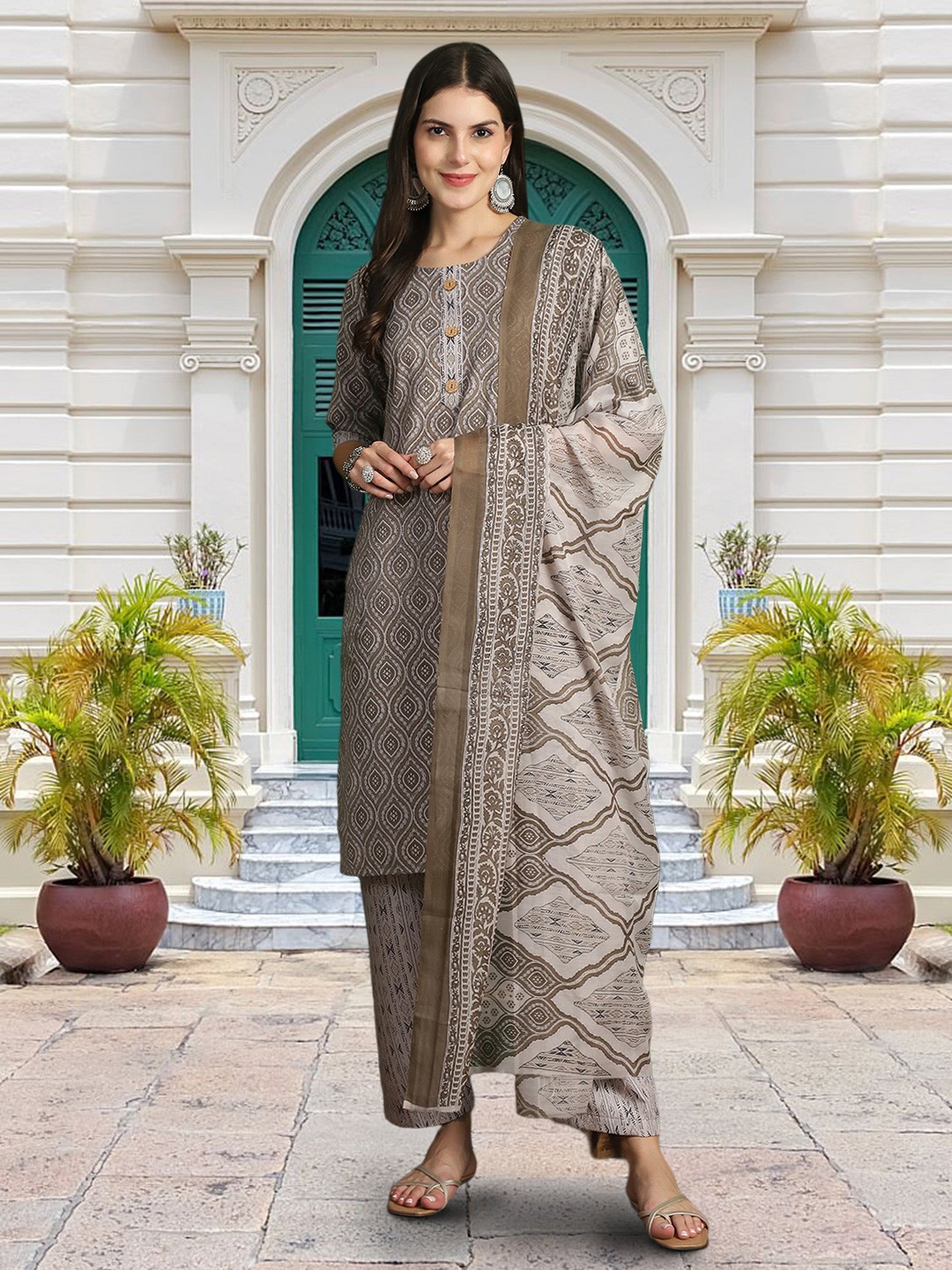 

Moda Rapido Ethnic Motifs Printed Round Neck Straight Kurta With Trouser & Dupatta, Grey