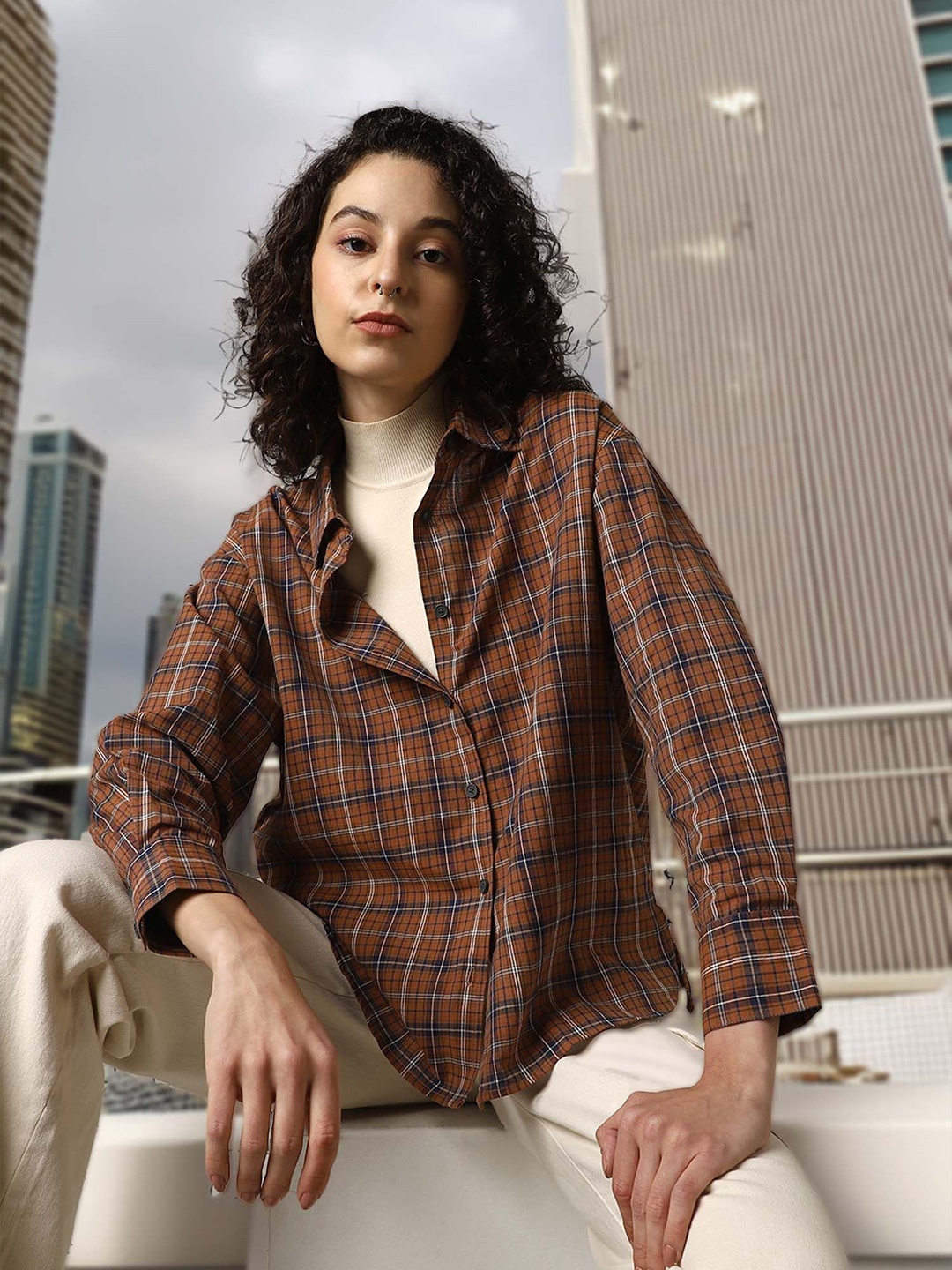 

Hubberholme Women Oversized Fit Checked Casual Shirt, Brown