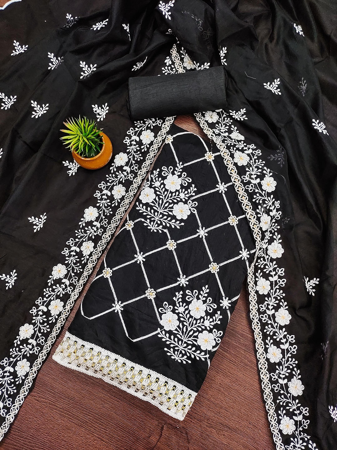 

MANVAA Embellished Unstitched Dress Material, Black