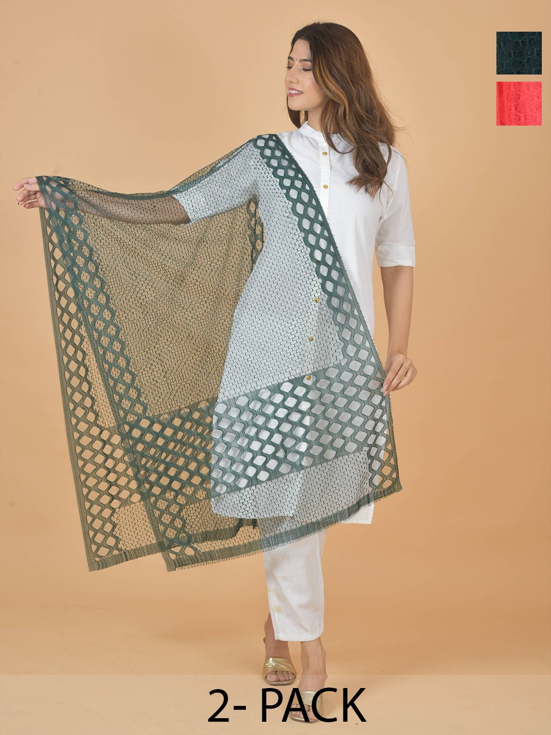 

LA FEMINAE Selection Of 2 Geometric Woven Design Dupatta, Green