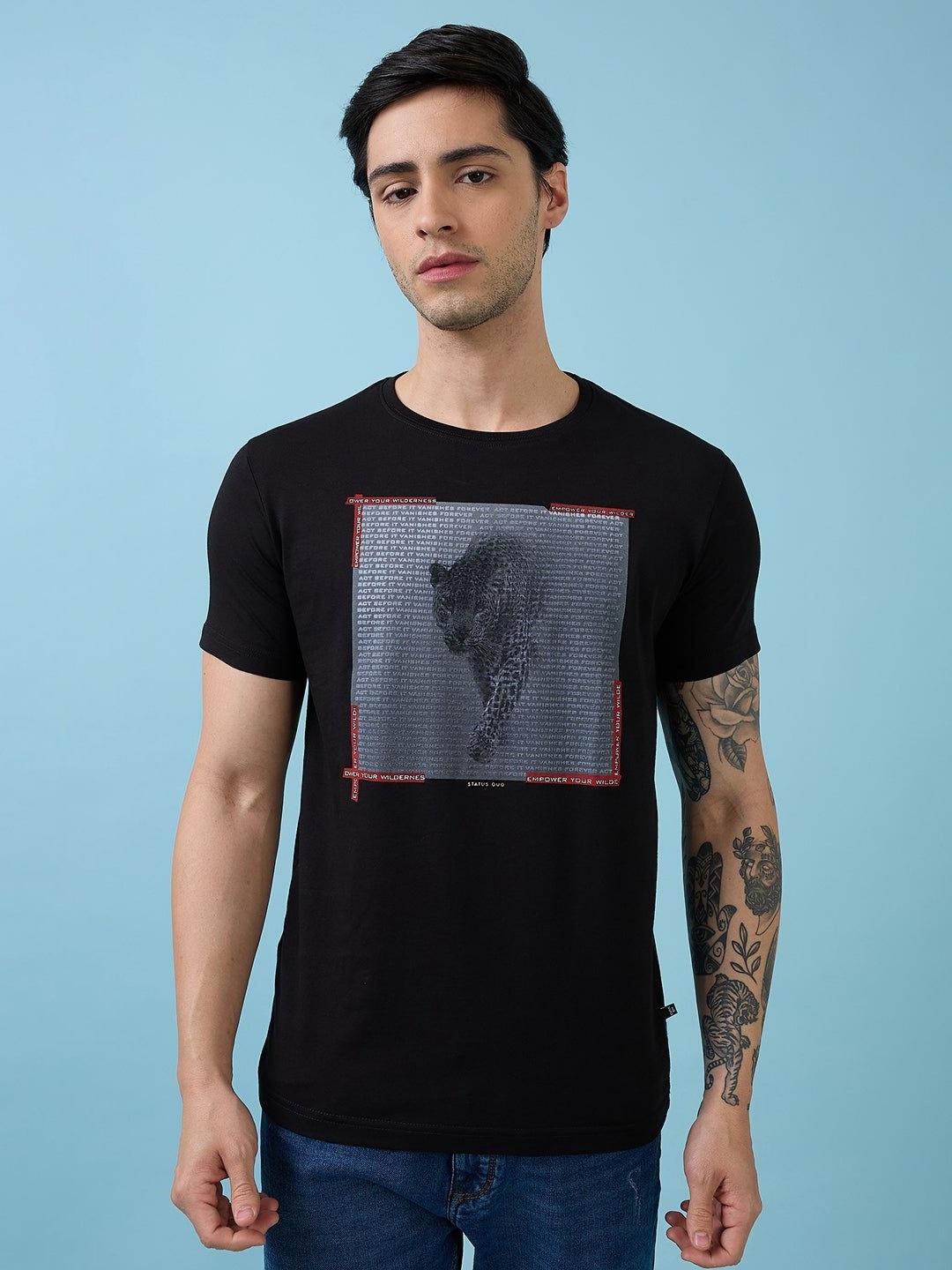 

Status Quo Men Graphic Printed Round Neck Regular Fit Cotton T-shirt, Black
