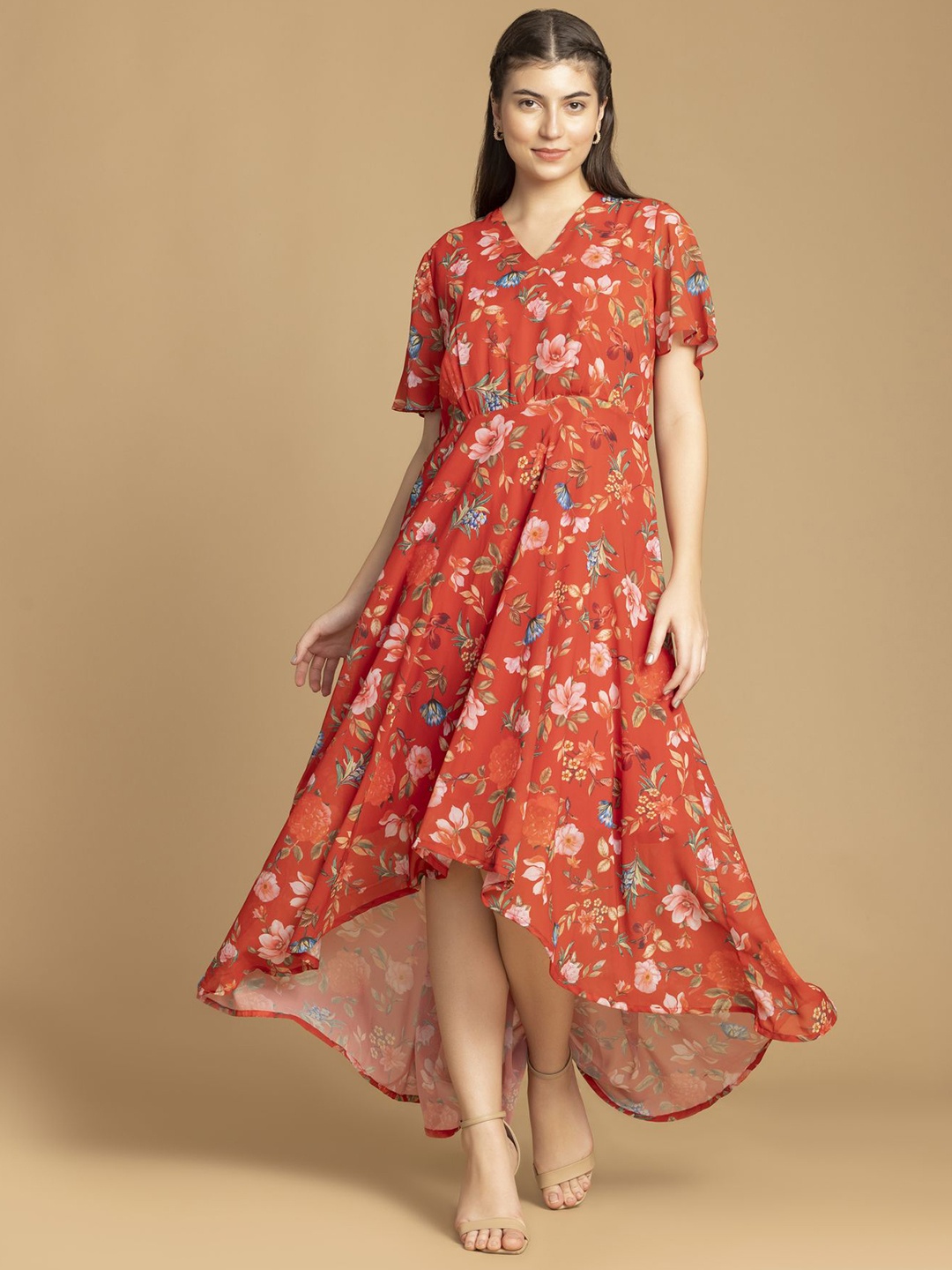 

CORSICA Floral Print Georgette Fit & Flare Maxi Dress, Red