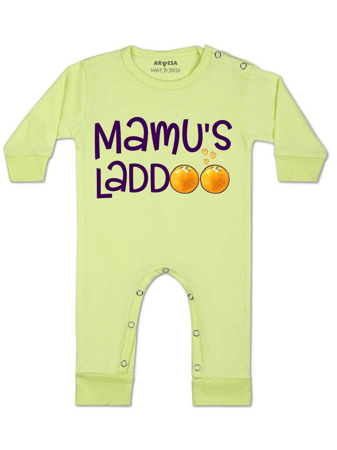 

Arvesa Kids Mamu Laddoo Printed Baby Romper, Yellow